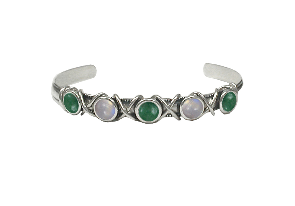 Sterling Silver Cuff Bracelet With Jade And Rainbow Moonstone